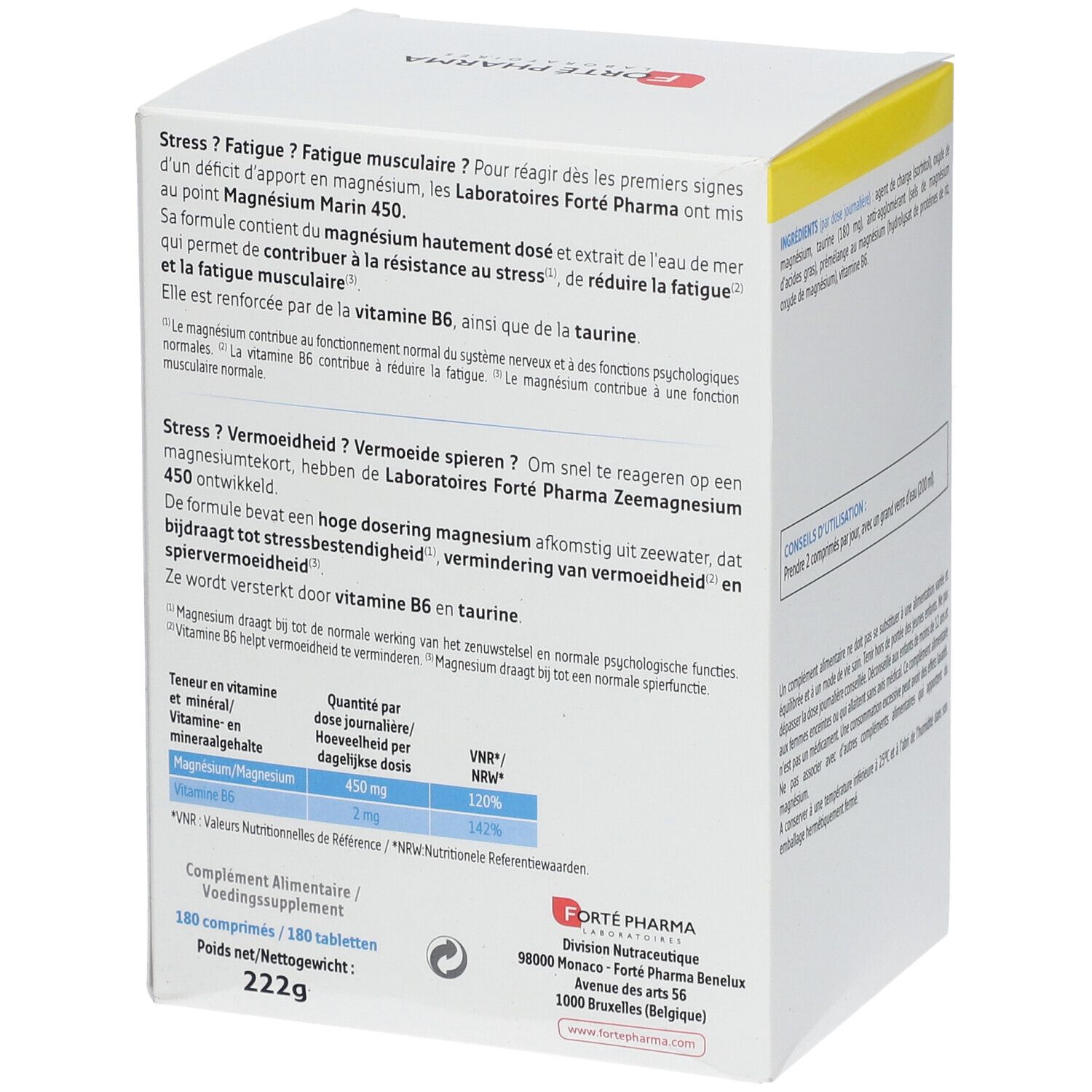 Dos de la boîte blanche. Texte: Forté Pharma, ingrédients, informations nutritionnelles, poids 222g.