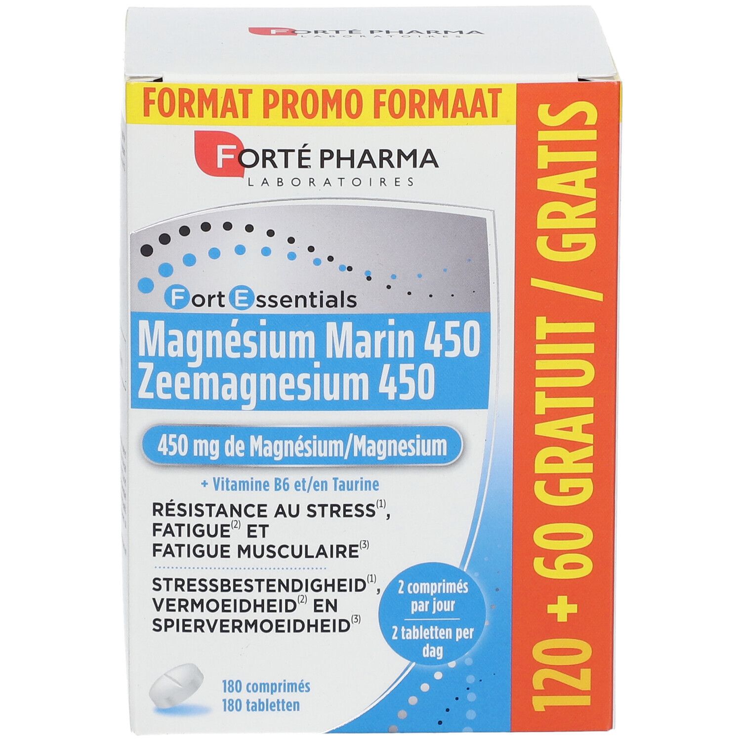 Boîte blanche Forté Pharma. Inscription: Magnésium Marin 450. 120+60 comprimés gratuits. Contient 450 mg de magnésium.