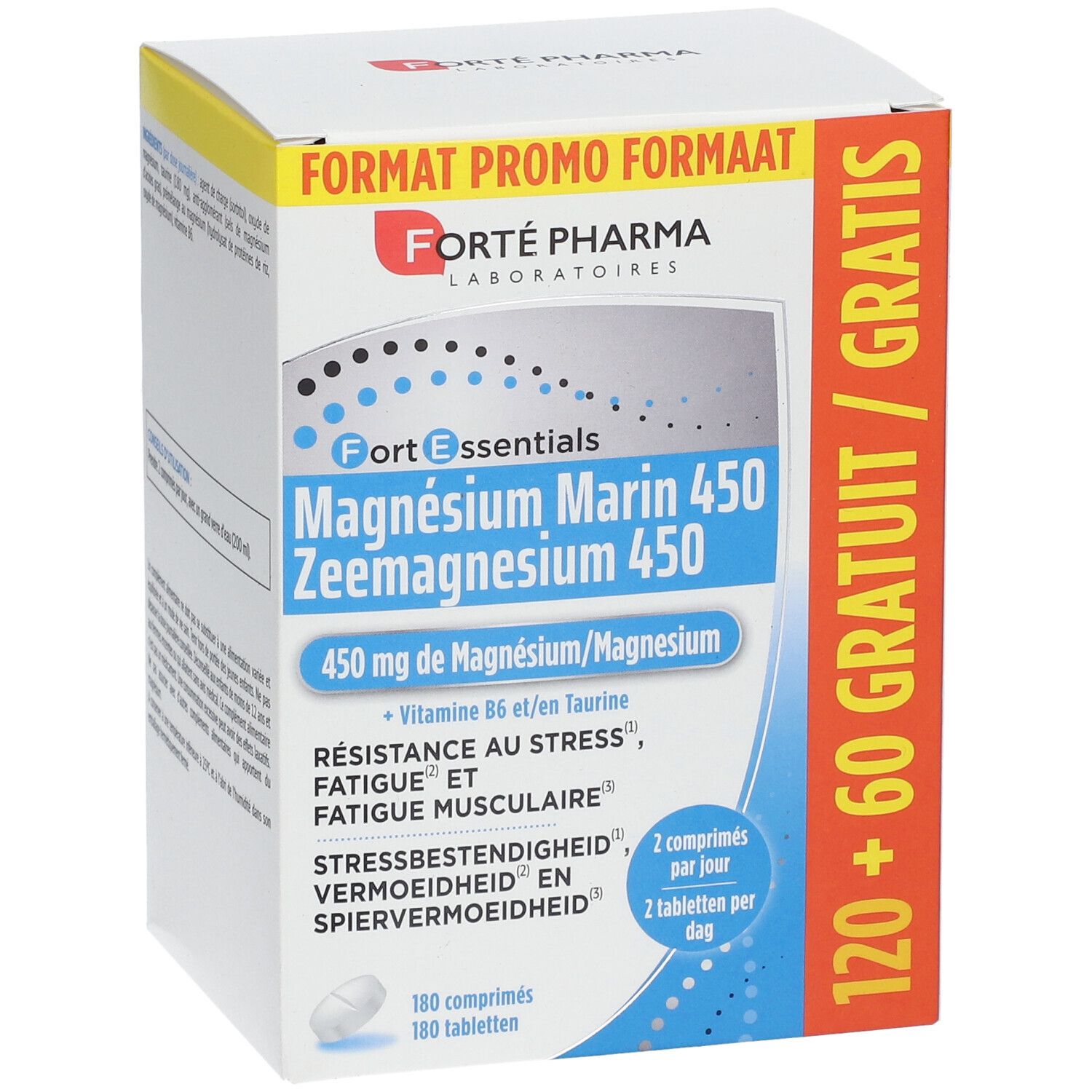 Boîte blanche Forté Pharma. Inscription: Magnésium Marin 450. 120+60 comprimés gratuits. Contient 450 mg de magnésium.