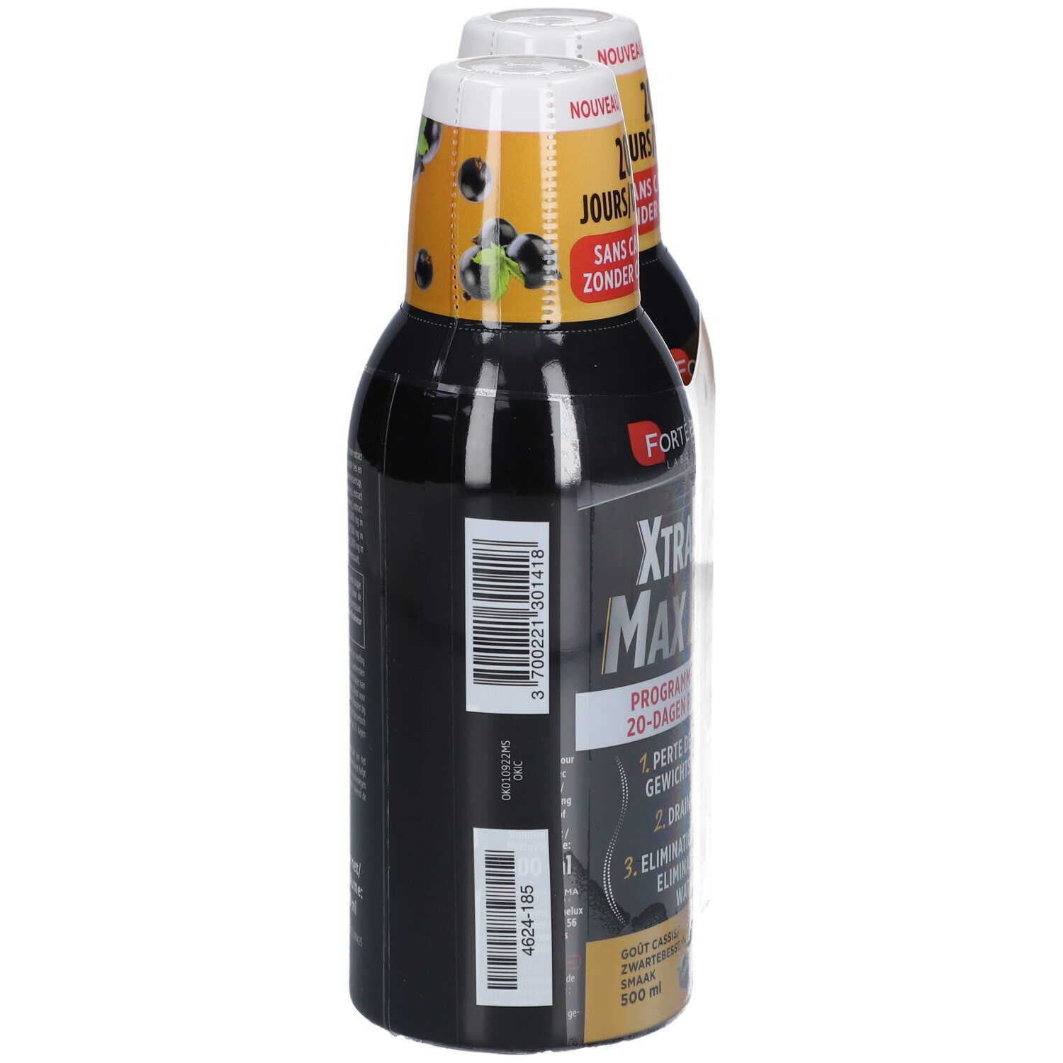 Twee flessen Forte Pharma Xtra Slim Max Drainant. Zwarte flessen met witte doppen. Opschrift: 20 dagen, zonder cafeïne. Barcode en informatie.