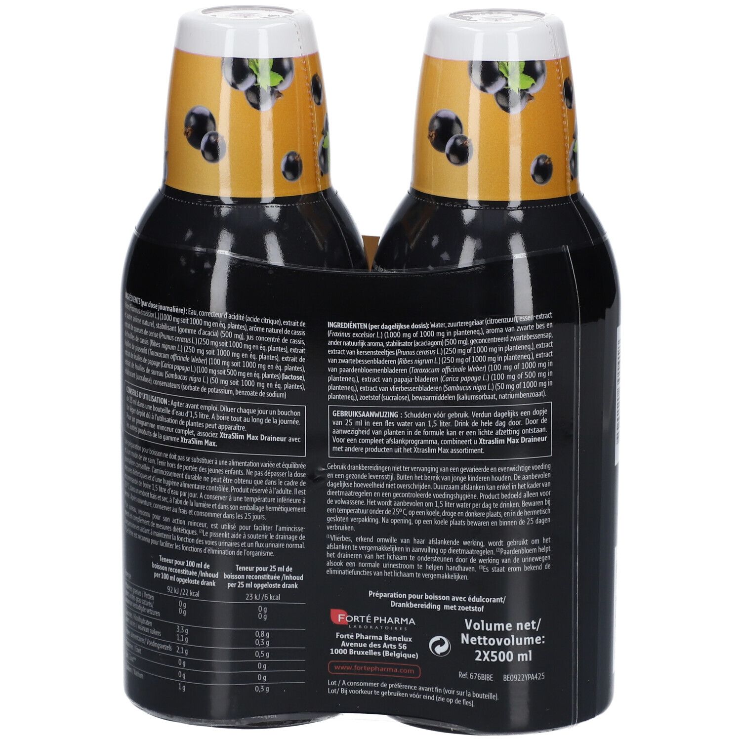 Achterkant van de Duo-Pack verpakking met twee flessen Forte Pharma Xtra Slim Max Drainant. Tekst over ingrediënten en gebruiksaanwijzing.