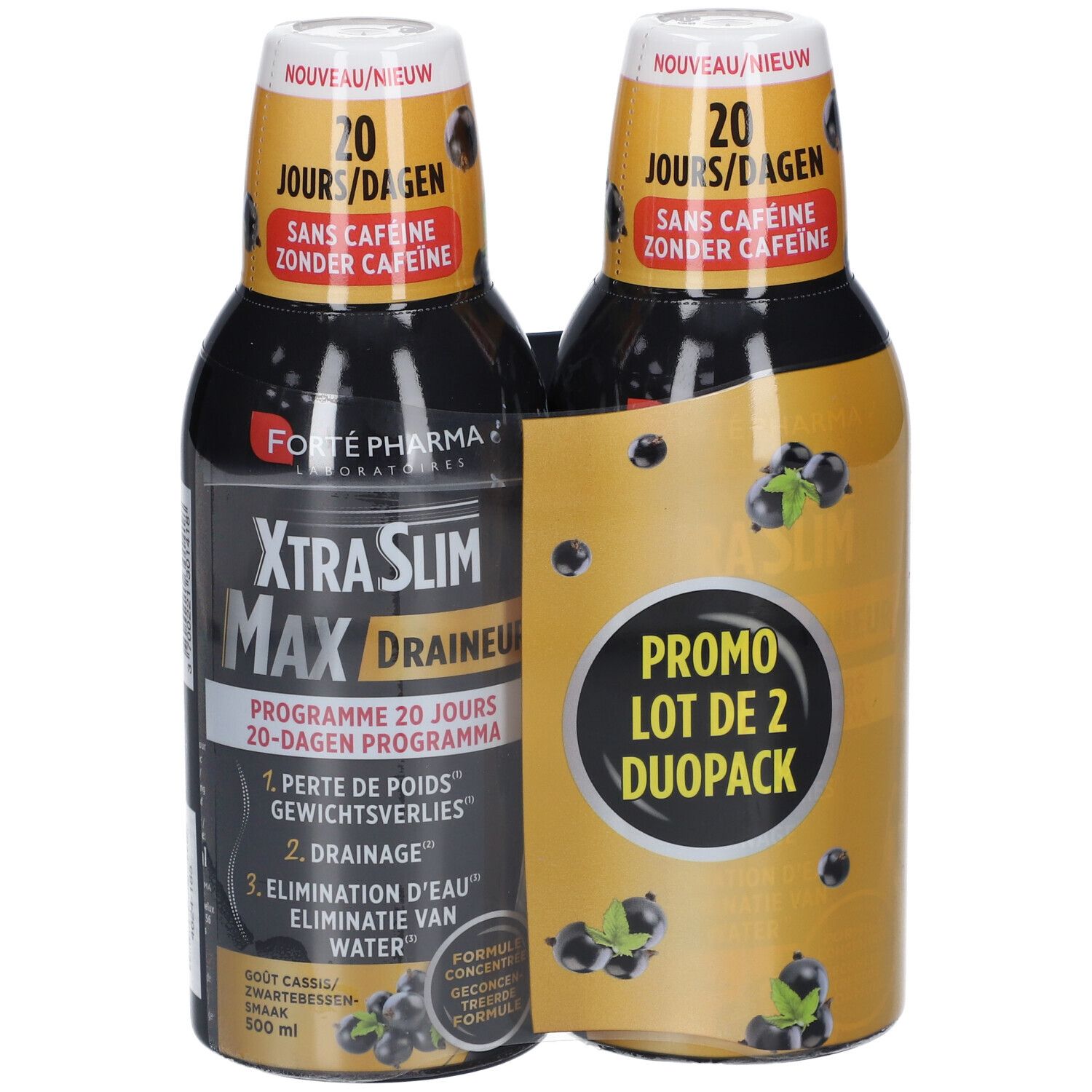 Twee flessen Forte Pharma Xtra Slim Max Drainant. Duo-Pack verpakking. Zwarte flessen met gele etiketten. Opschrift: 20 dagen, zonder cafeïne.