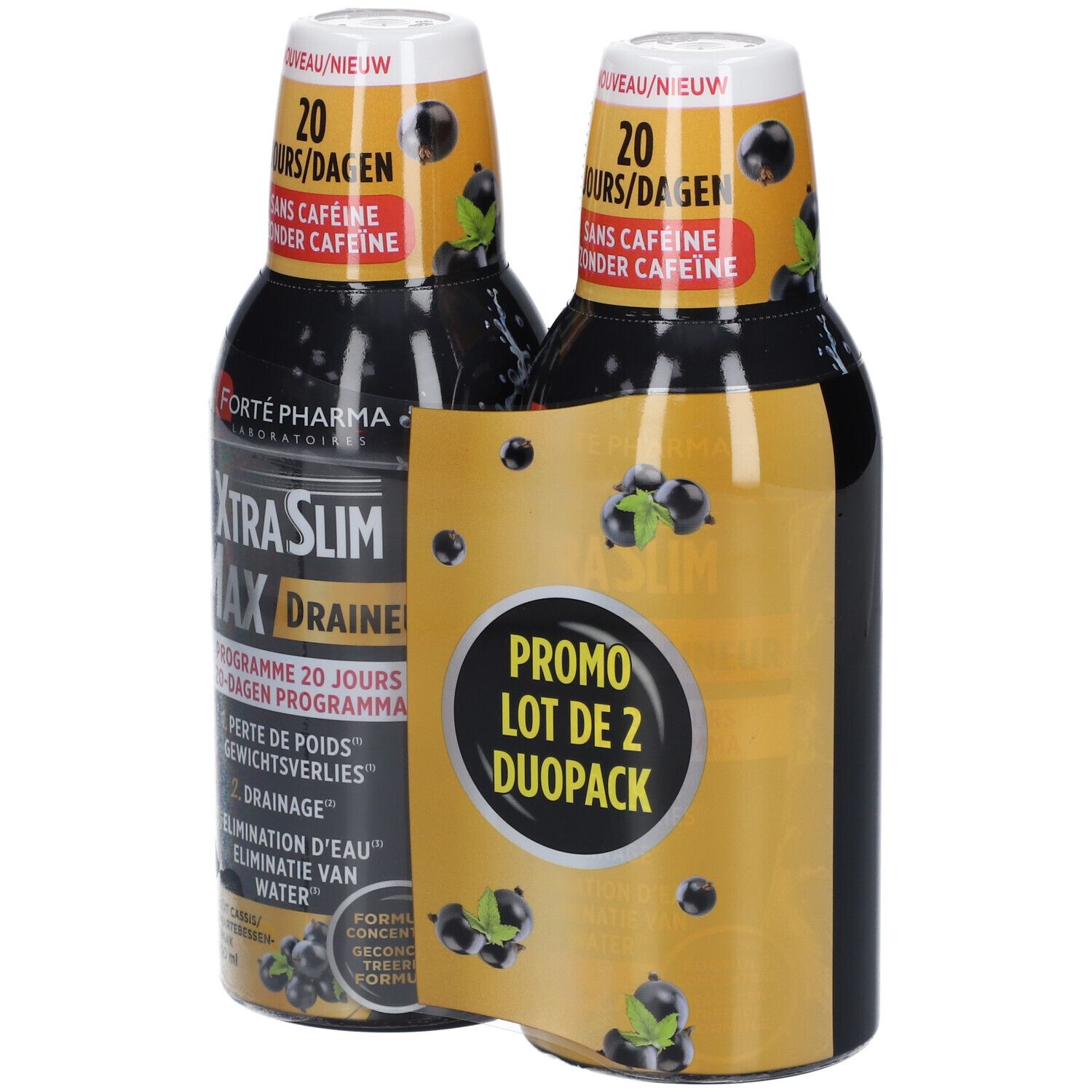 Twee flessen Forte Pharma Xtra Slim Max Drainant. Duo-Pack verpakking. Zwarte flessen met gele etiketten. Opschrift: 20 dagen, zonder cafeïne.