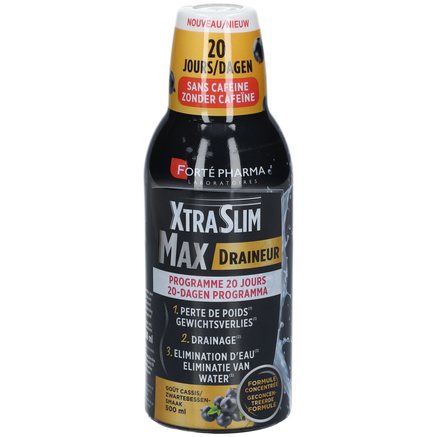 Bouteille noire avec étiquette jaune. Inscription: XtraSlim Max Draineur. 500 ml. Sans caféine.