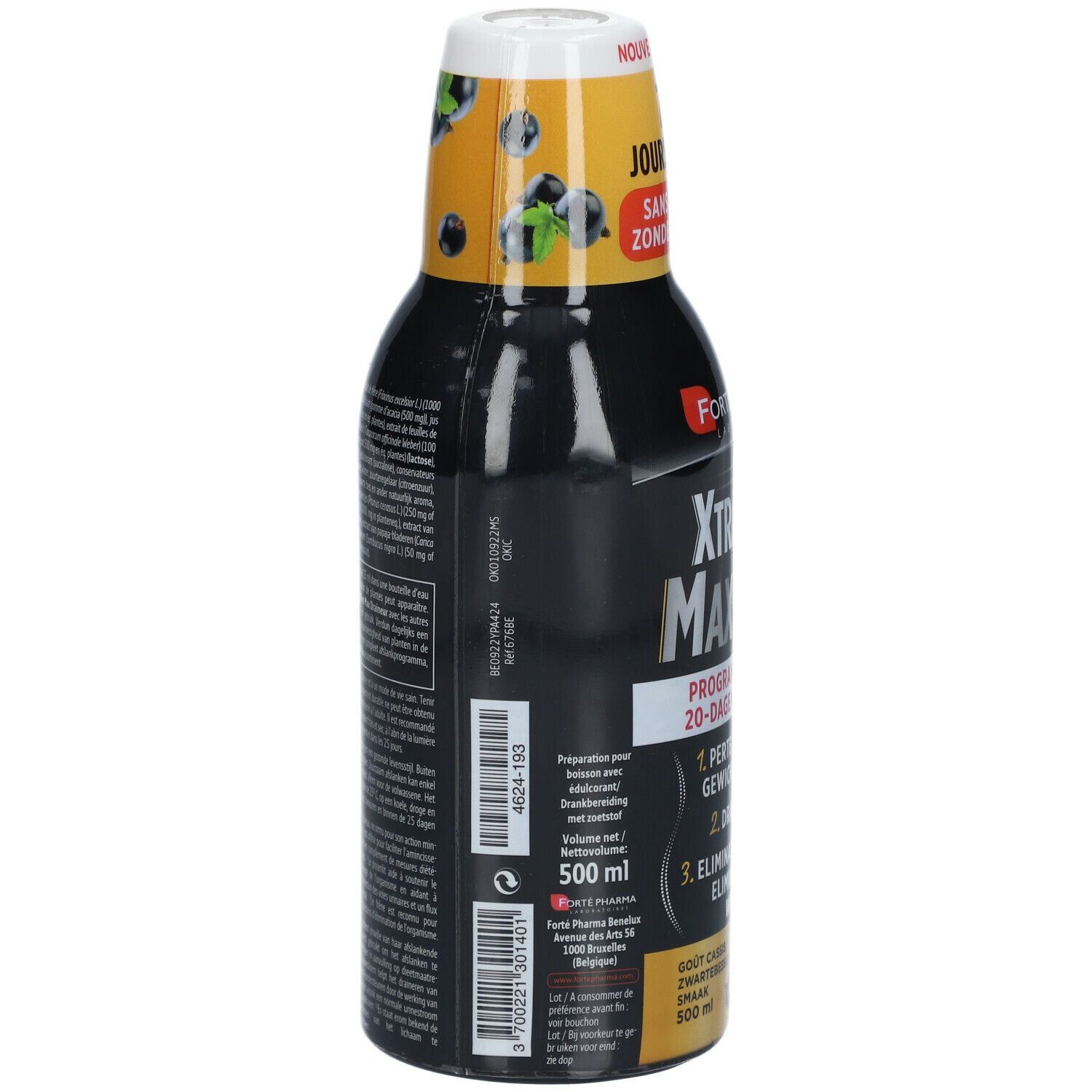 Bouteille noire avec étiquette jaune. Inscription: XtraSlim Max Draineur. 500 ml. Texte au dos.