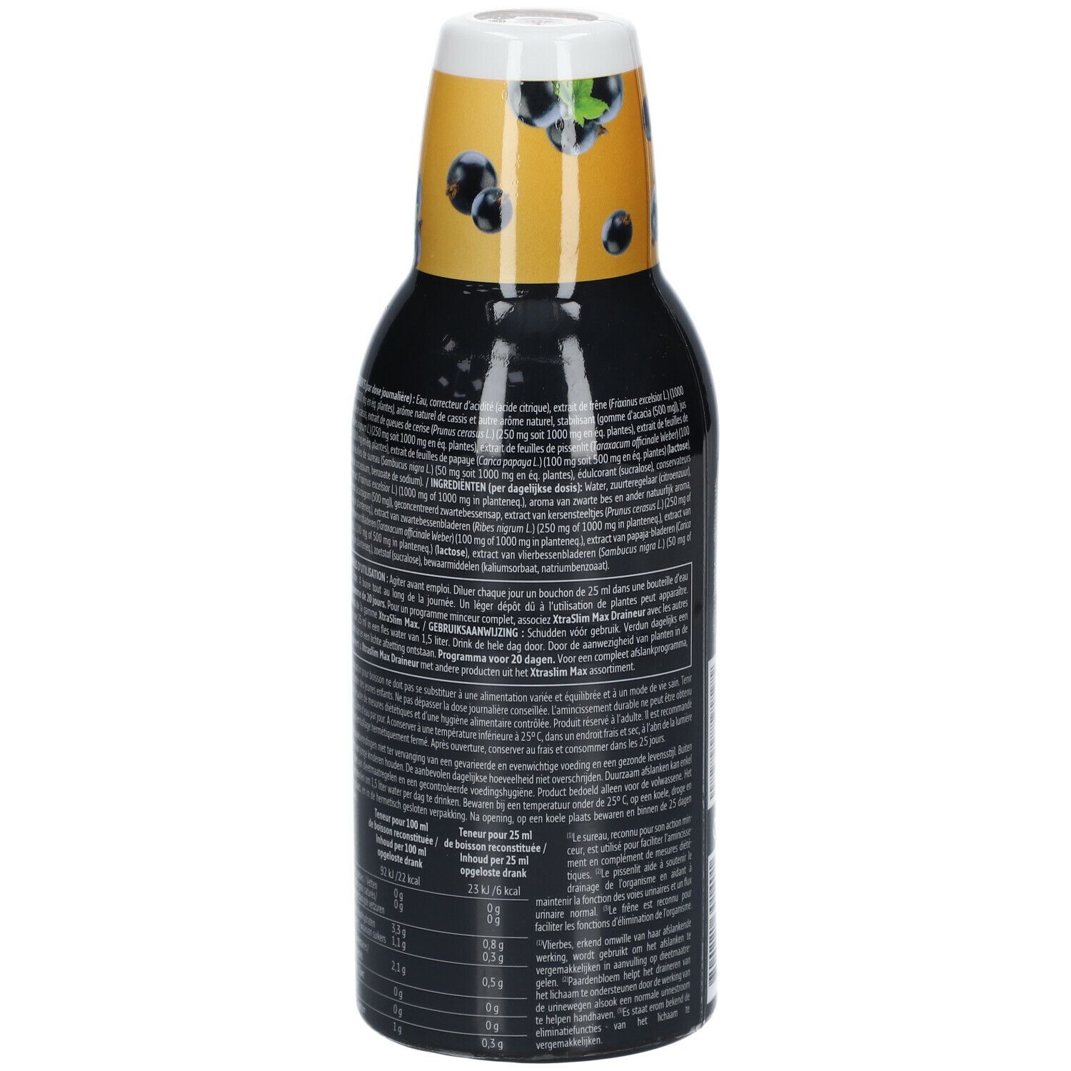 Bouteille noire avec étiquette jaune. Inscription: XtraSlim Max Draineur. 500 ml. Texte au dos.