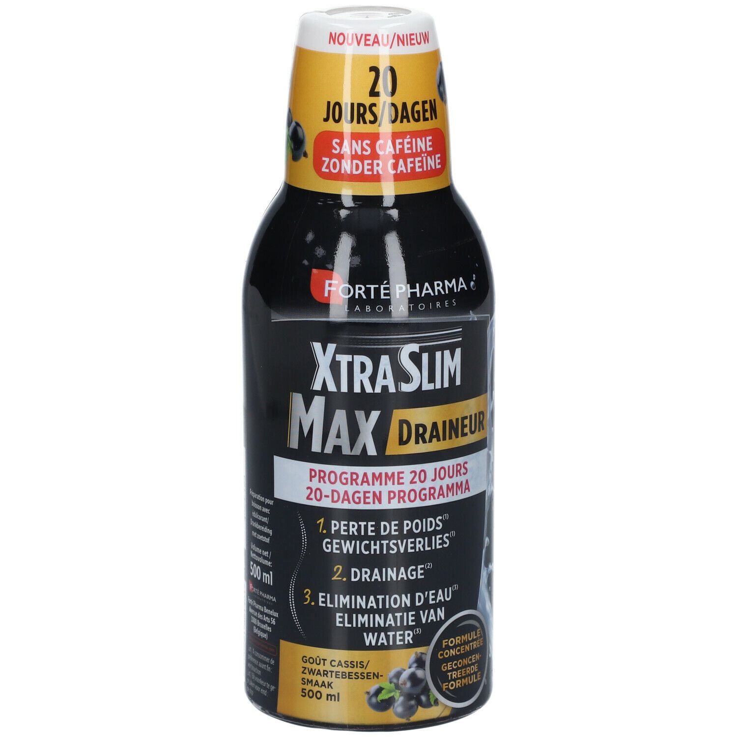 Bouteille noire avec étiquette jaune. Inscription: XtraSlim Max Draineur. 500 ml. Sans caféine.