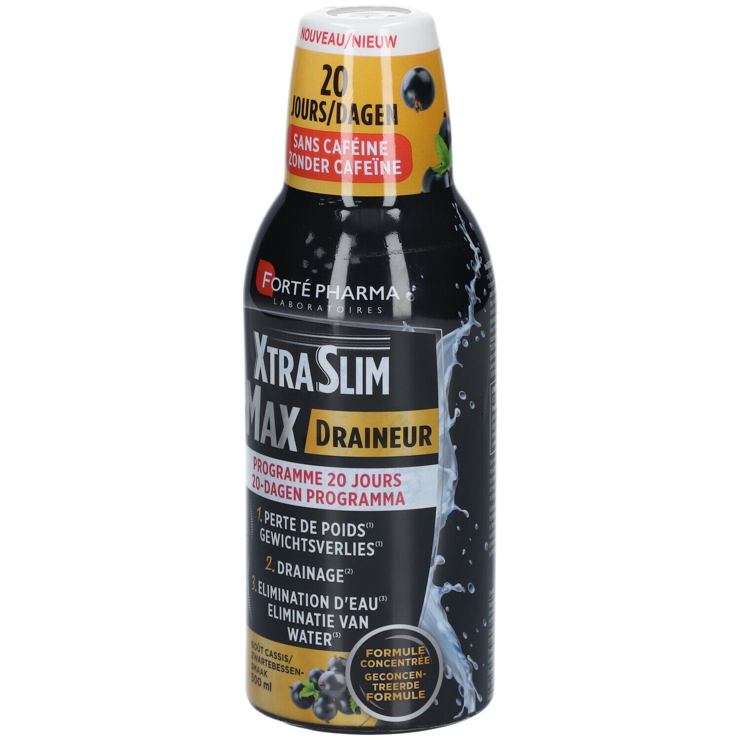 Bouteille noire avec étiquette jaune. Inscription: XtraSlim Max Draineur. 500 ml. Sans caféine.