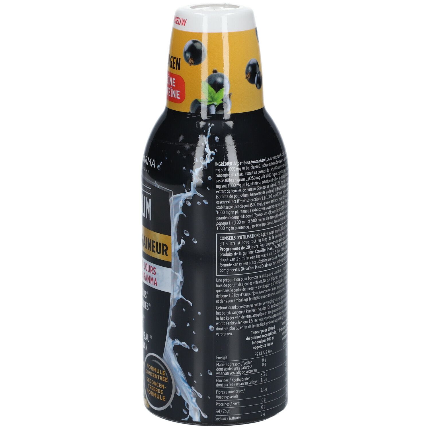 Bouteille noire avec étiquette jaune. Inscription: XtraSlim Max Draineur. 500 ml. Texte au dos.