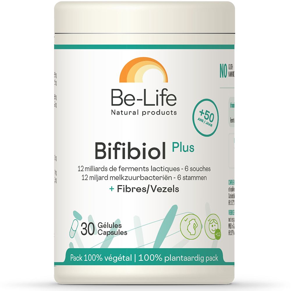 Boîte cylindrique avec inscription Be-Life Bifibiol Plus. 30 gélules. Étiquette verte et orange.
