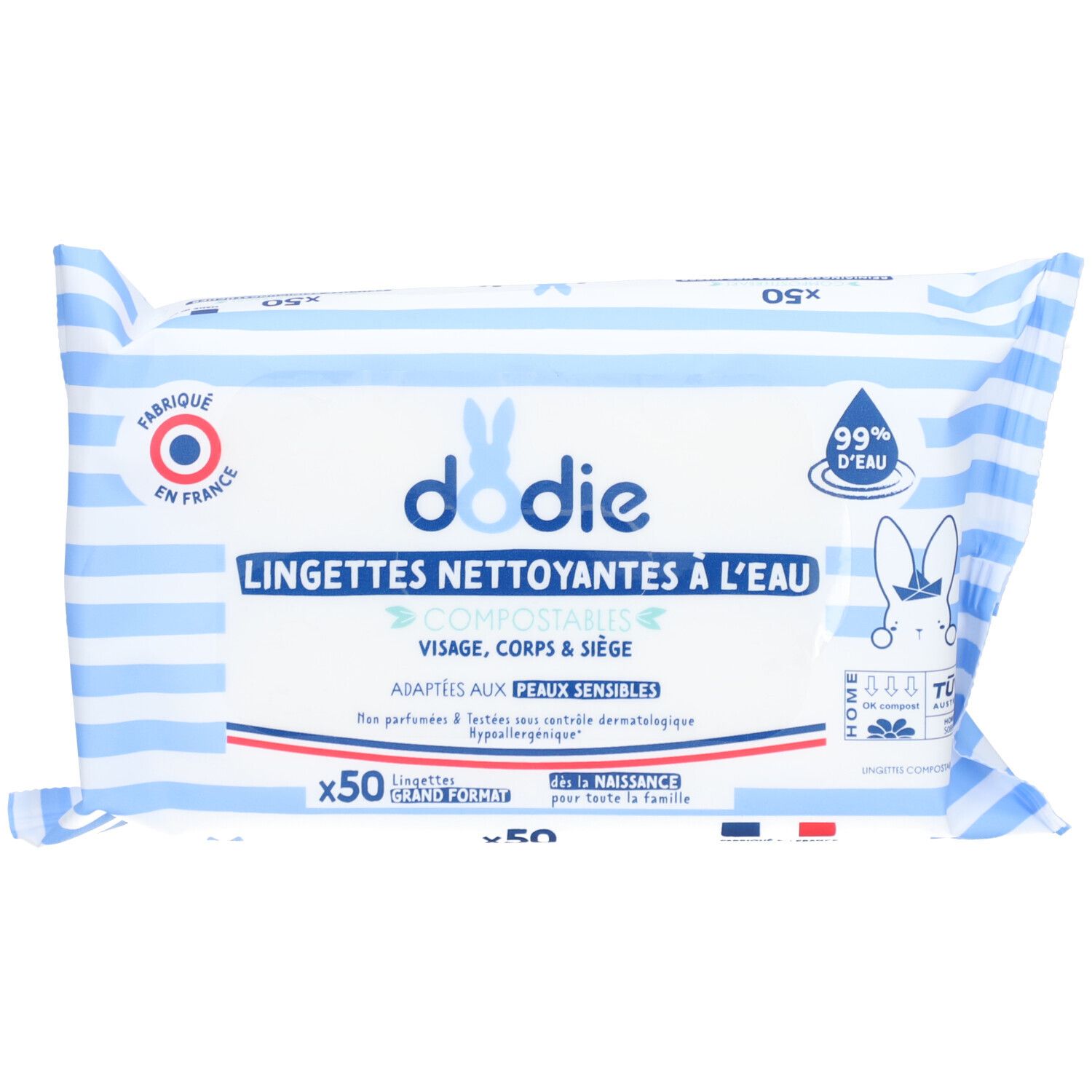 Paquet de lingettes dodie®. Rayures bleues et blanches. Inscription : dodie®, Lingettes Nettoyantes à l'Eau, 50 unités.