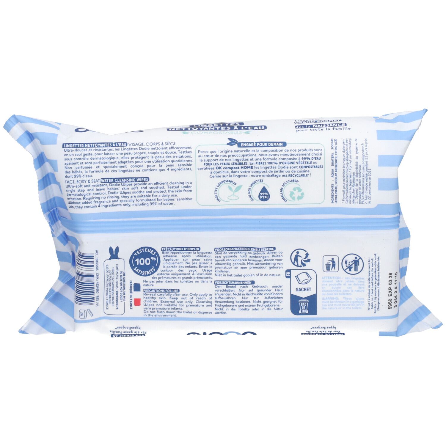 Dos du paquet de lingettes. Rayures bleues et blanches. Texte et pictogrammes.