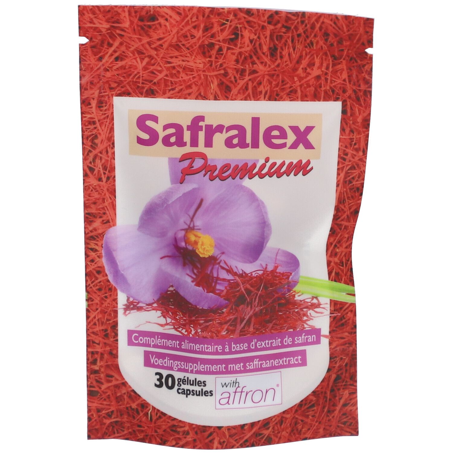 Verpackung mit Safralex Premium. Aufdruck mit Produktname, Blüte und 30 Kapseln. Hintergrund mit rotem Muster.