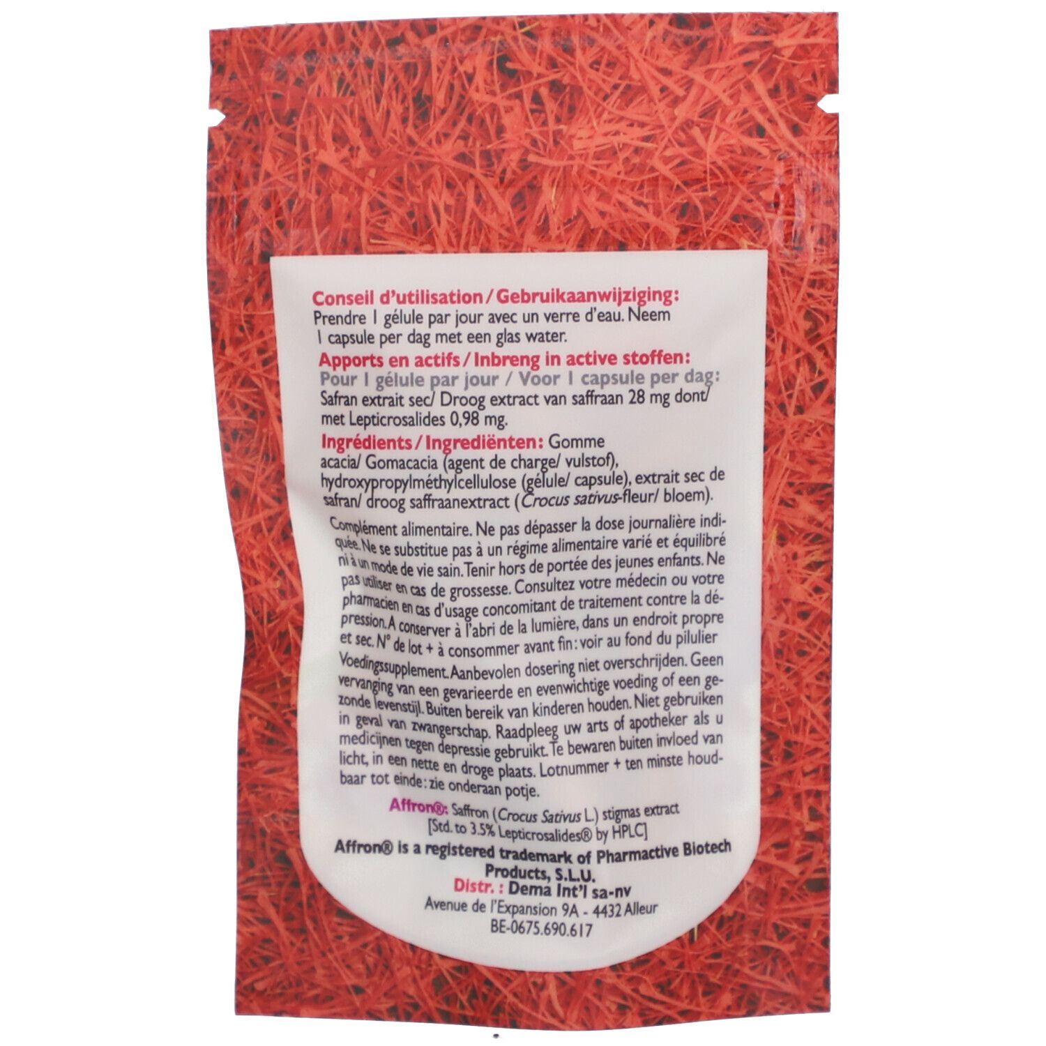Rückseite der Safralex Premium Verpackung. Text mit Inhaltsstoffen, Gebrauchsanweisung und Herstellerinformationen.