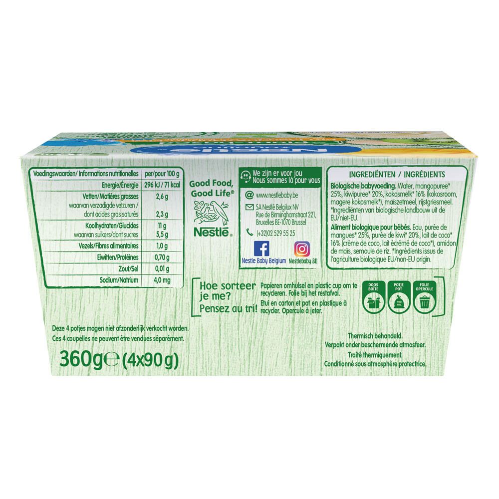 Achterkant van de NESTLE® Yogolino verpakking. Voedingswaarde, ingrediënten en recycling.