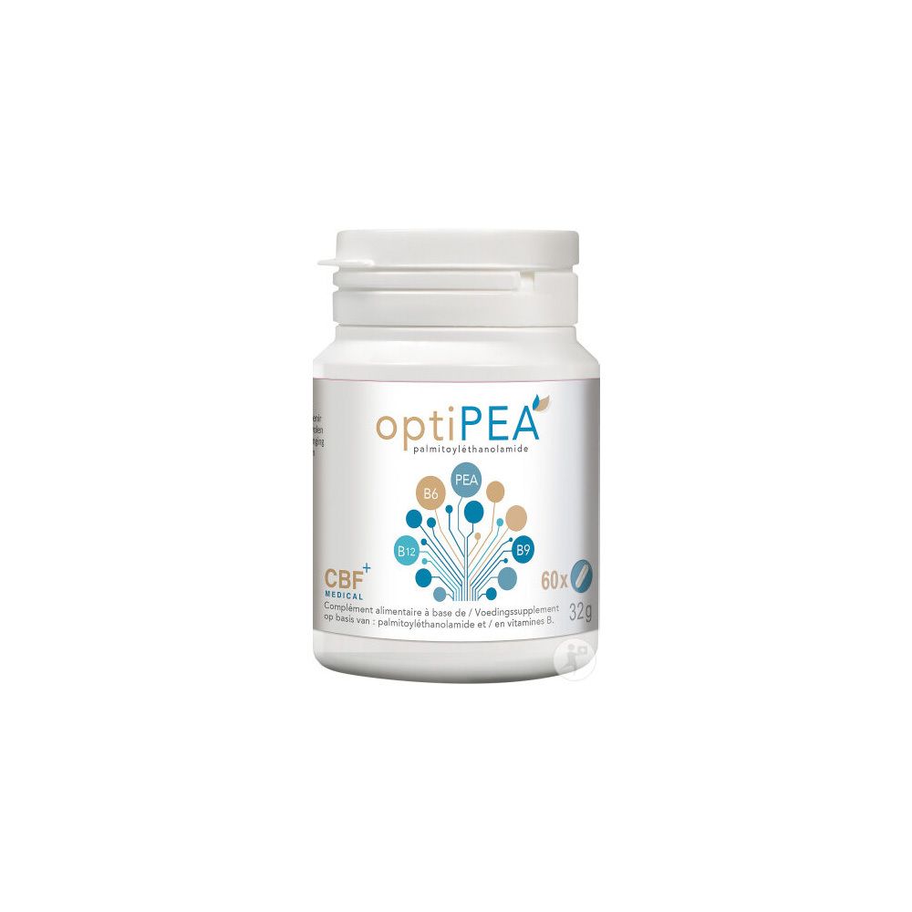 Flacon blanc avec étiquette optiPEA. Contient 60 gélules. Logo CBF Medical.