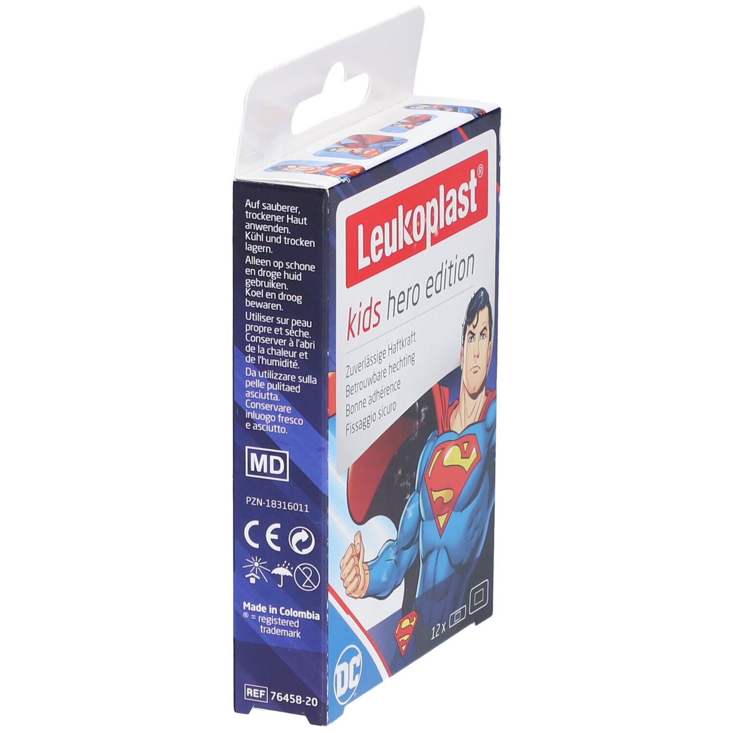 Vue latérale de la boîte Leukoplast Kids Hero Edition. Motif Superman. Inscriptions en allemand, italien, français et néerlandais. 12 pansements.