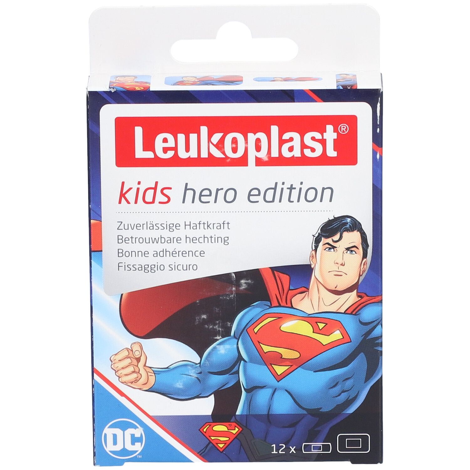 Boîte Leukoplast Kids Hero Edition avec Superman. Contient 12 pansements. Inscriptions en allemand, italien, français et néerlandais.