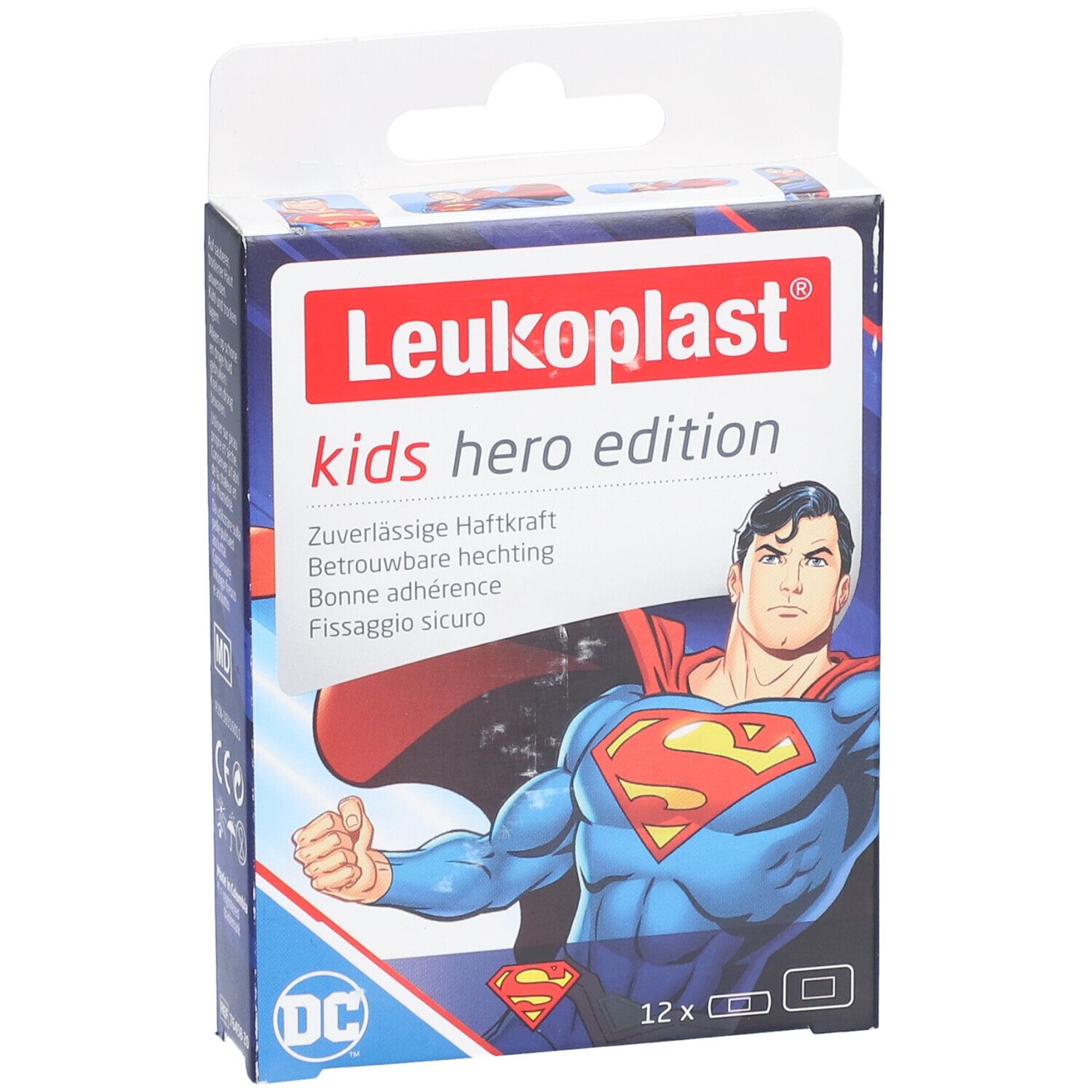 Boîte Leukoplast Kids Hero Edition avec Superman. Contient 12 pansements. Inscriptions en allemand, italien, français et néerlandais.