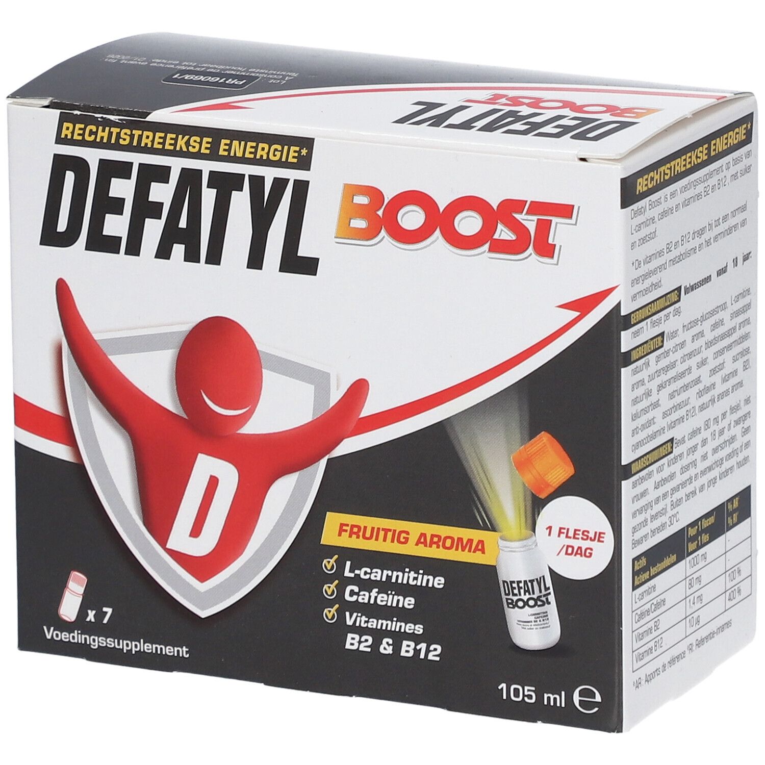 Boîte Defatyl Boost. Contient 7 flacons. Inscription: L-carnitine, caféine, vitamines B2 & B12. Arôme fruité.
