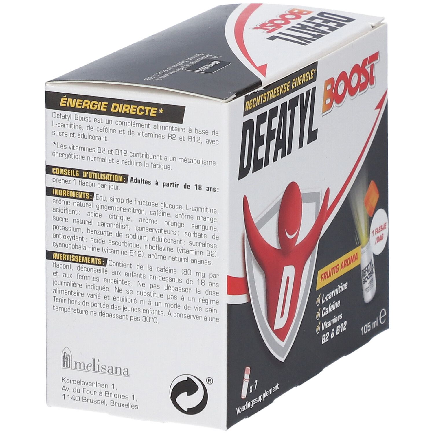 Boîte Defatyl Boost. Contient 7 flacons. Inscription: L-carnitine, caféine, vitamines B2 & B12. Arôme fruité. 105 ml.