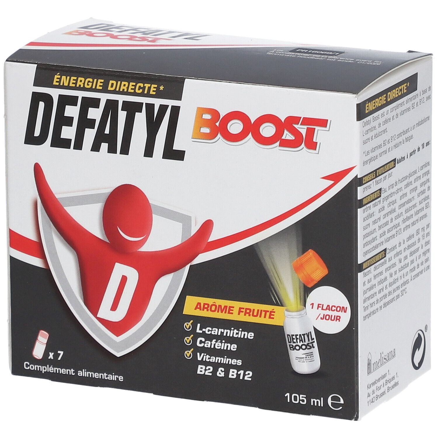 Boîte Defatyl Boost. Inscription: Énergie Directe. Contient 7 flacons. L-carnitine, caféine, vitamines B2 & B12. Arôme fruité.