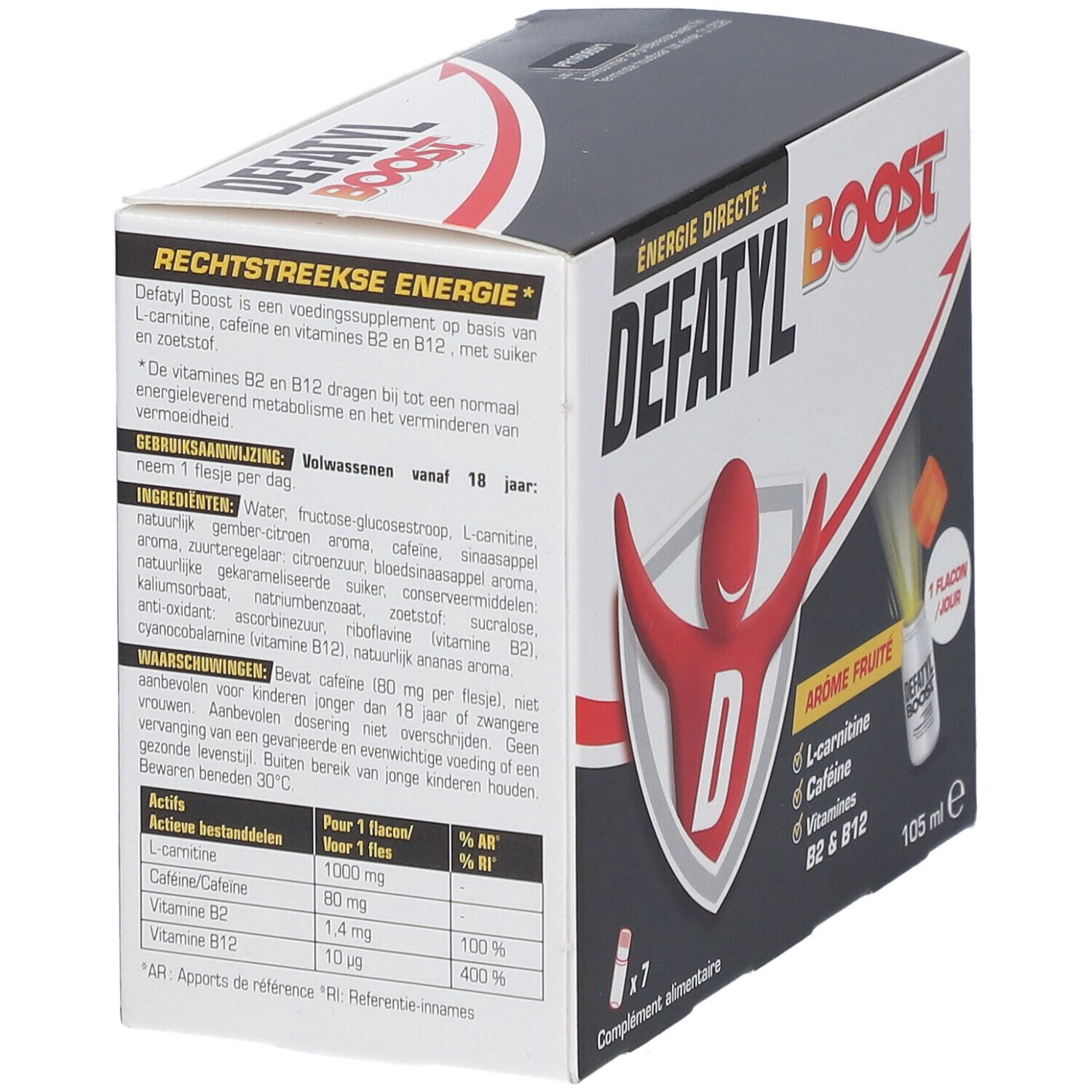 Boîte Defatyl Boost. Inscription: Énergie Directe. Contient 7 flacons. L-carnitine, caféine, vitamines B2 & B12. Arôme fruité. 105 ml.