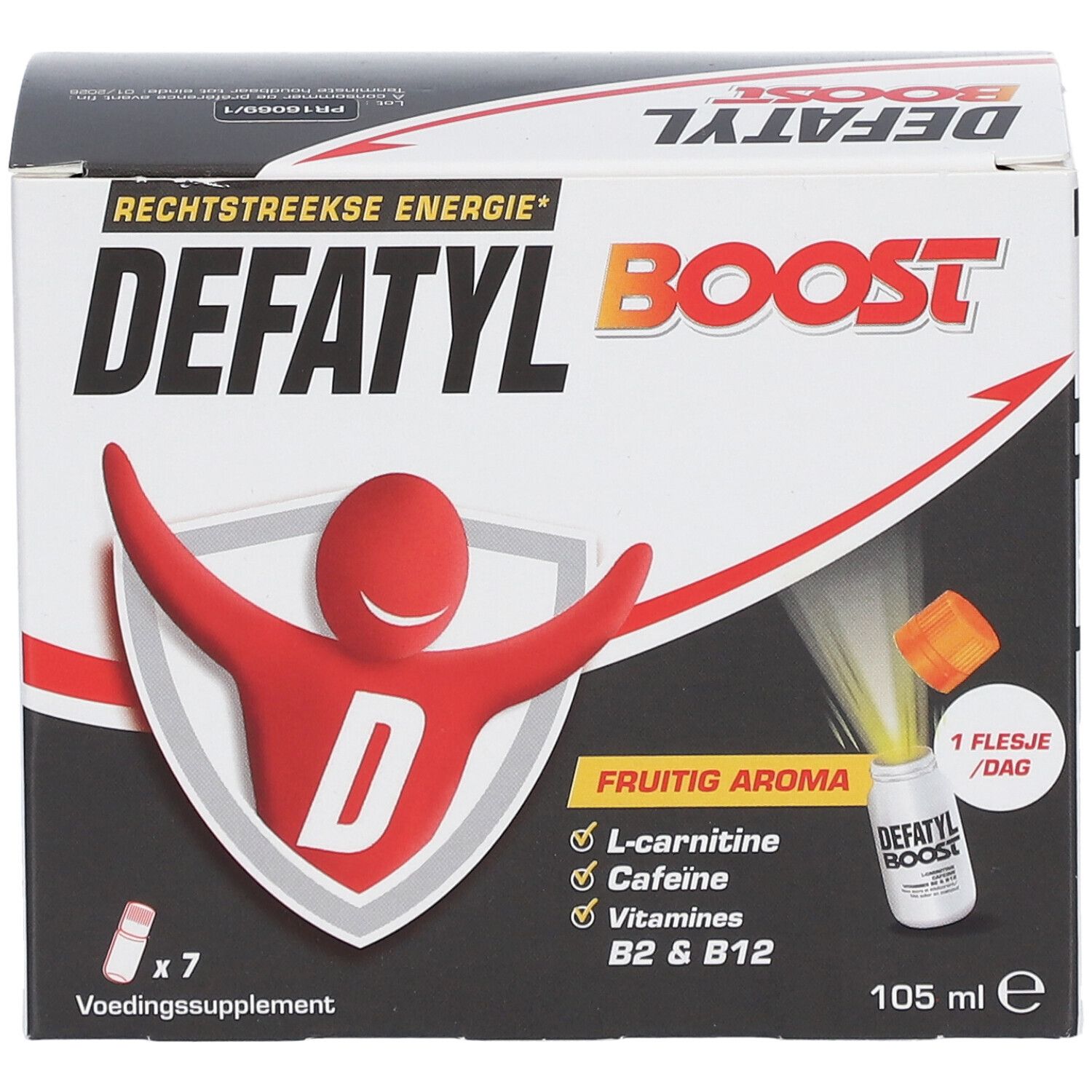 Boîte Defatyl Boost. Contient 7 flacons. Inscription: L-carnitine, caféine, vitamines B2 & B12. Arôme fruité. 105 ml.