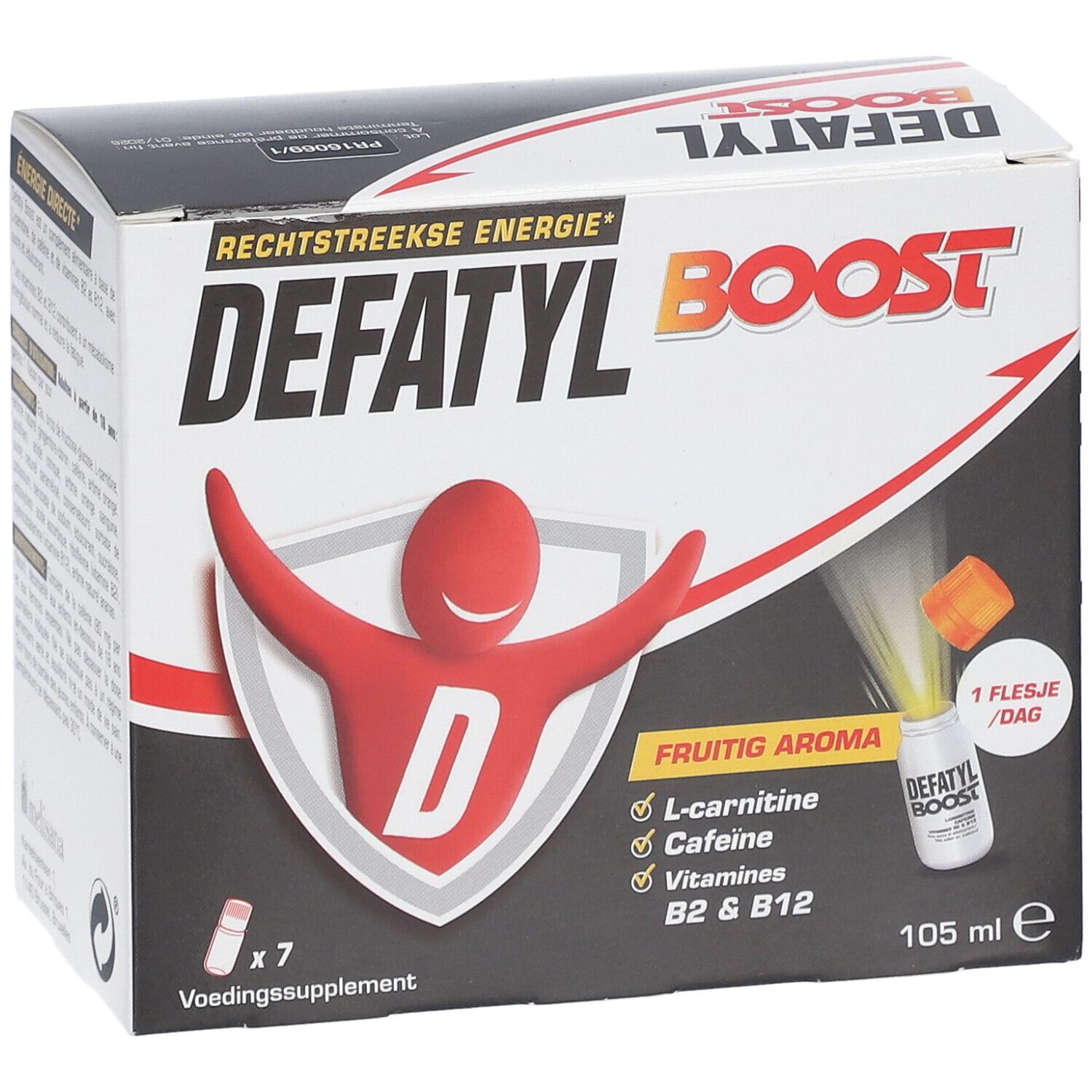 Boîte Defatyl Boost. Contient 7 flacons. Inscription: L-carnitine, caféine, vitamines B2 & B12. Arôme fruité. 105 ml.