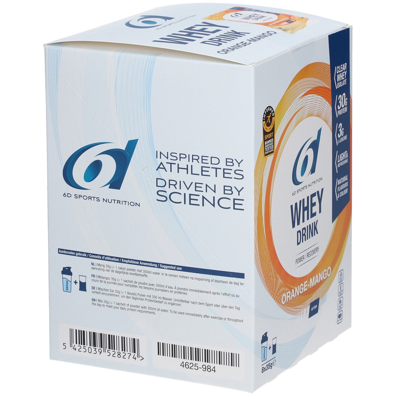 Boîte de Whey Drink, vue arrière. 6D Sports Nutrition. Contient 8 sachets de 35g. Code-barres et informations produit.