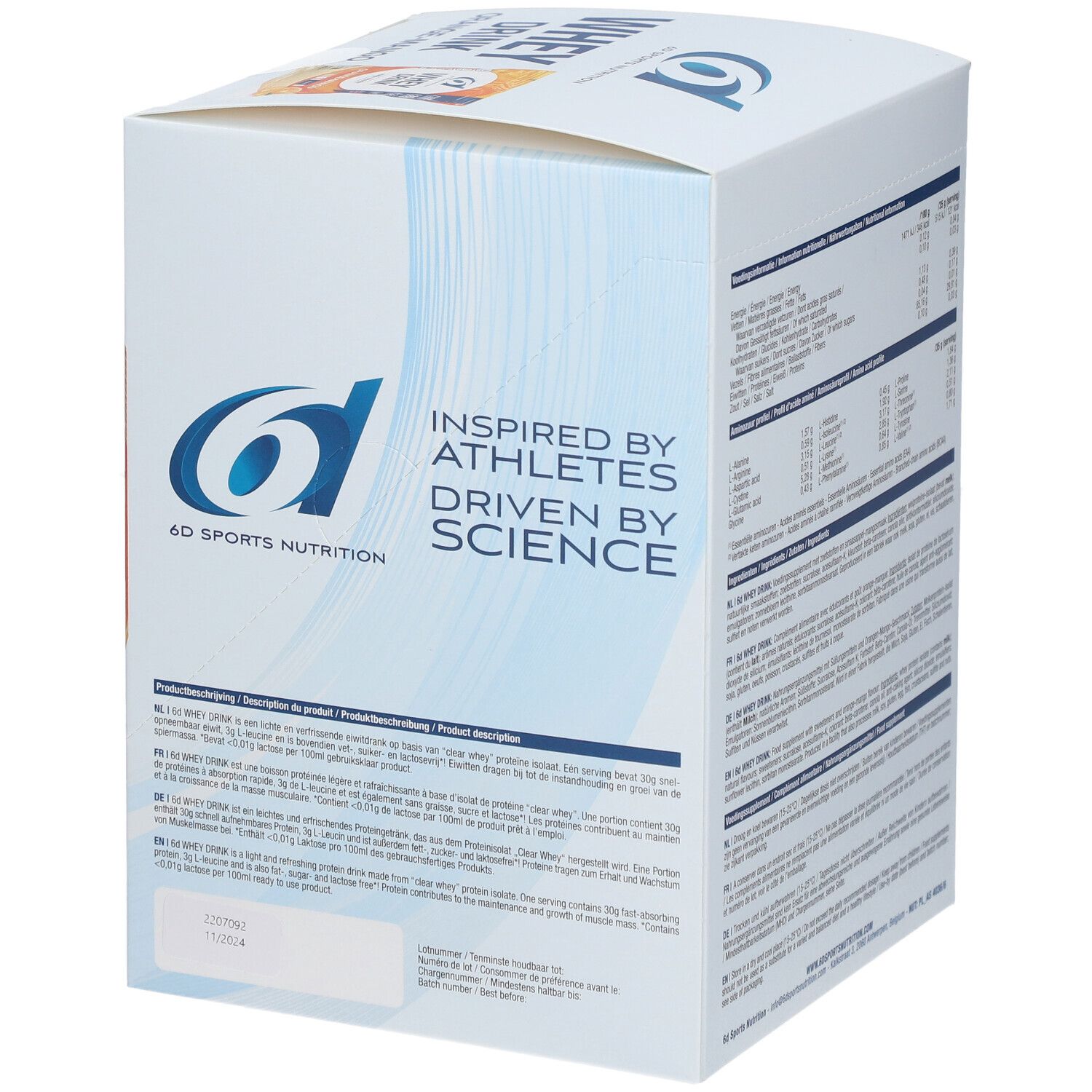 Boîte de Whey Drink. Détail de la description du produit et des informations nutritionnelles. 6D Sports Nutrition.