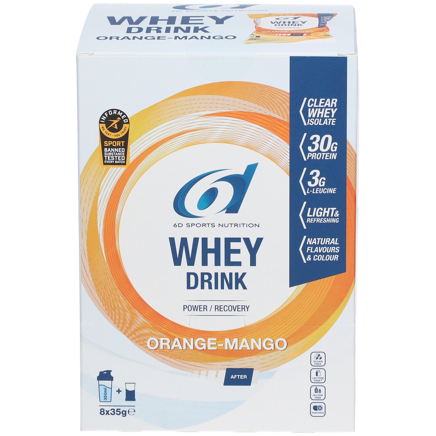 Boîte de Whey Drink Orange-Mangue. 6D Sports Nutrition. Contient 30g de protéines, 3g de L-Leucine. Label Sport Banned Tested.