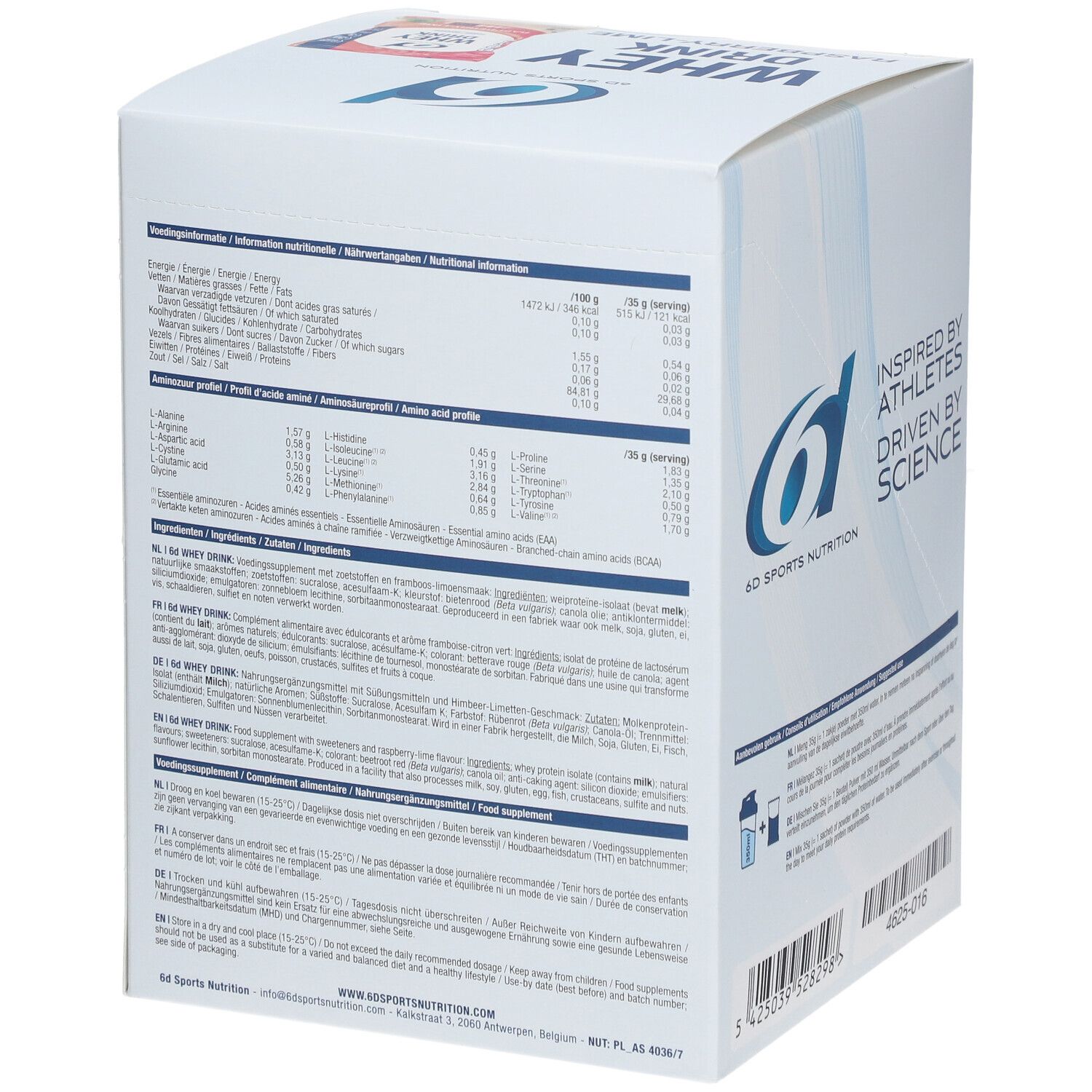 Dos de l'emballage 6D SPORTS NUTRITION Molkedrink Framboise-Limette. Contient des informations nutritionnelles et des listes d'ingrédients.