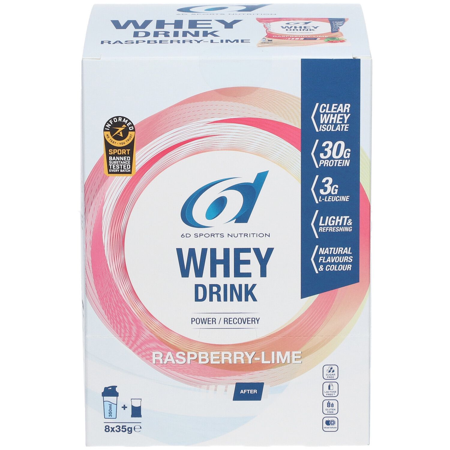 Boîte de 6D SPORTS NUTRITION Molkedrink Framboise-Limette. Inscription: Whey Drink, Framboise-Citron vert, 30g protéines, 3g L-Leucine.