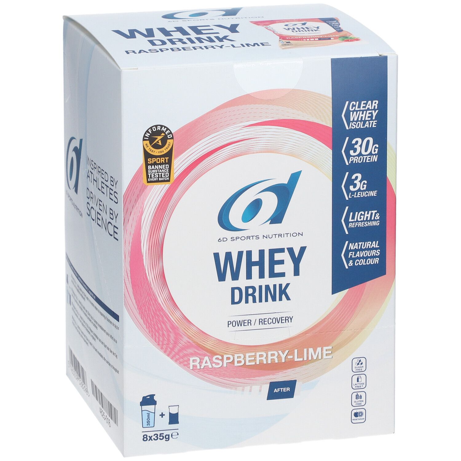 Boîte de 6D SPORTS NUTRITION Molkedrink Framboise-Limette. Inscription: Whey Drink, Framboise-Citron vert, 30g protéines, 3g L-Leucine.