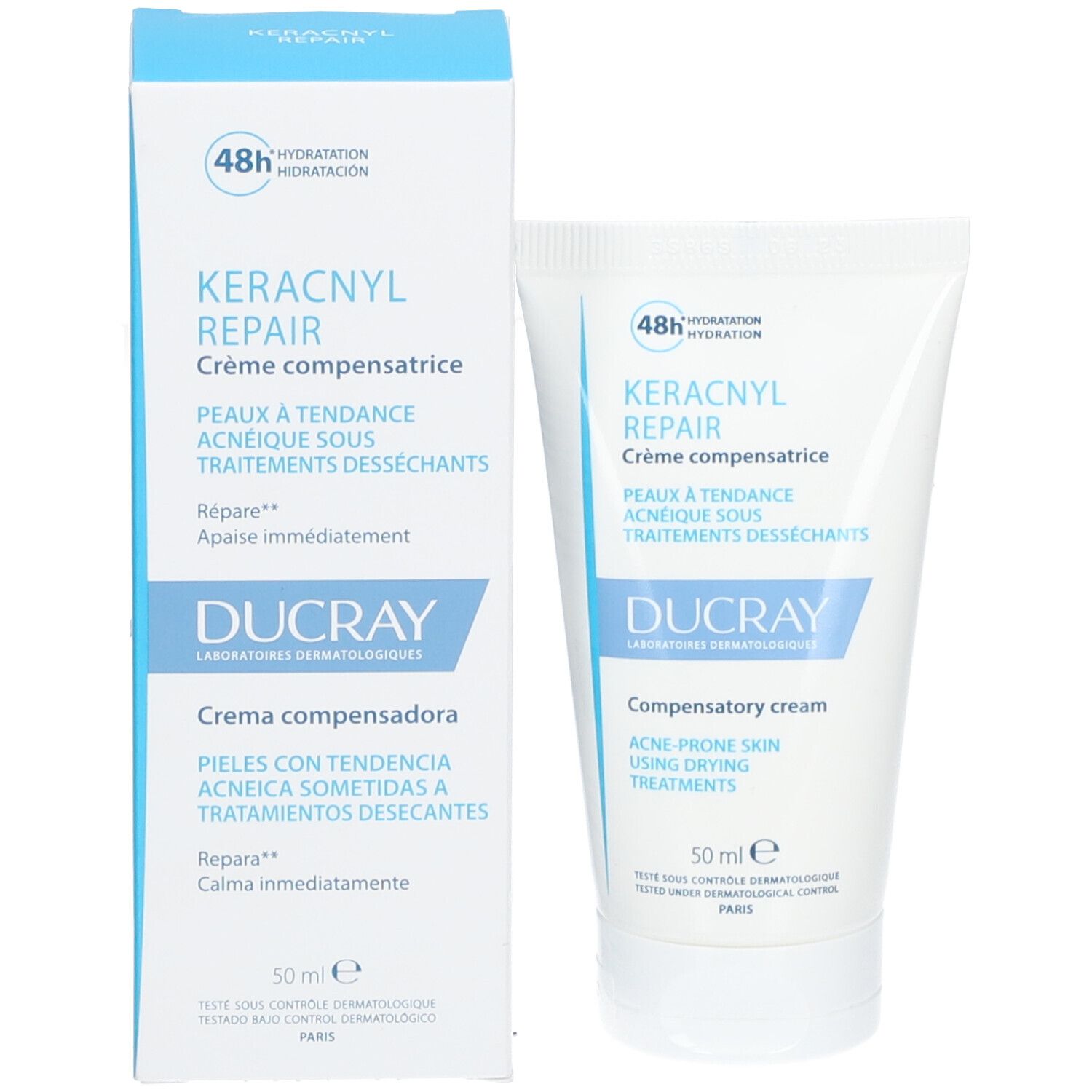 DUCRAY KERACNYL REPAIR crème en verpakking. Blauwe en witte doos. 50 ml.
