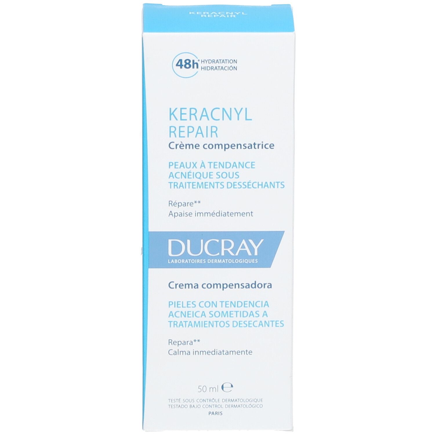 Blauwe en witte doos DUCRAY KERACNYL REPAIR. Meertalige tekst. 50 ml.