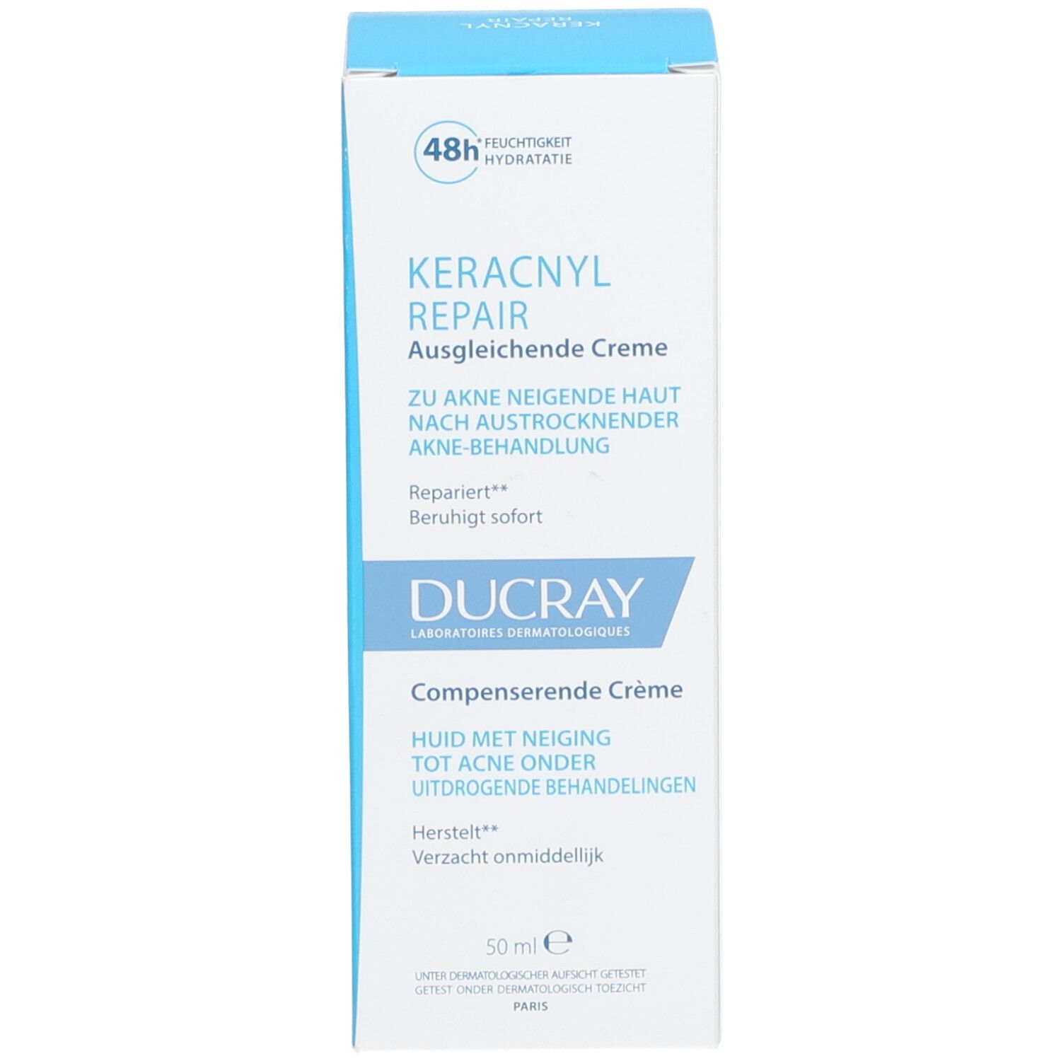 DUCRAY KERACNYL REPAIR Compenserende crème. Blauwe en witte doos. 50 ml.