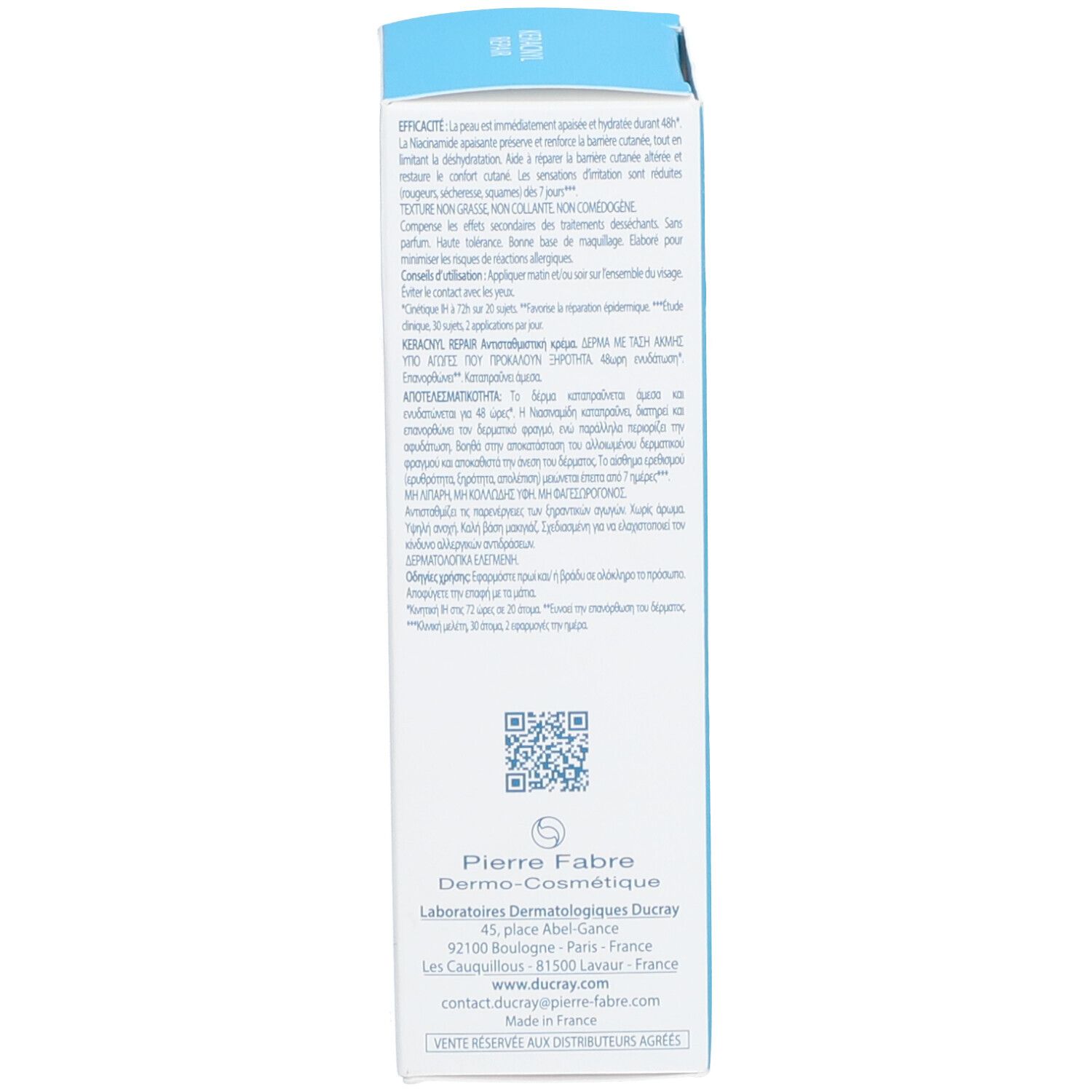 Achterkant doos DUCRAY KERACNYL REPAIR. Meertalige tekst. QR-code.