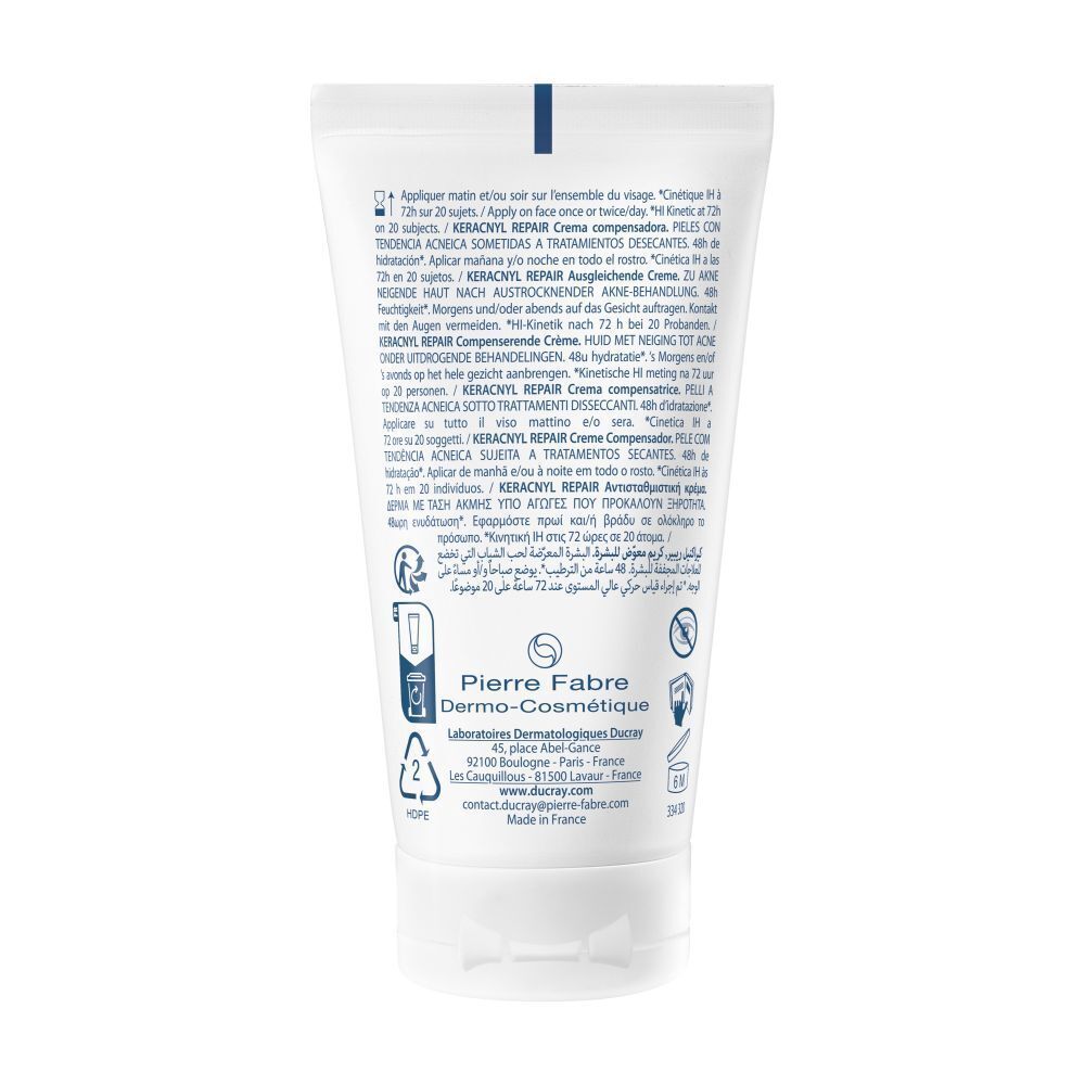 Dos du tube DUCRAY KERACNYL REPAIR. Texte multilingue. Logo du fabricant.