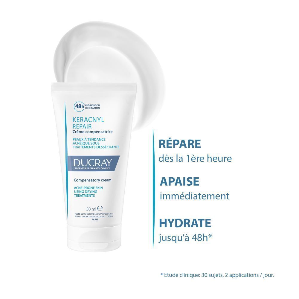 DUCRAY KERACNYL REPAIR crème avec effet crème. Texte en français. 48h Hydratation.