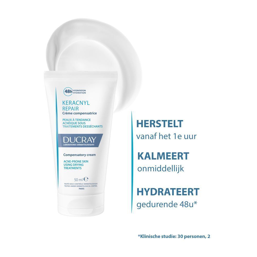 DUCRAY KERACNYL REPAIR crème met crème-effect. Nederlandse tekst. 48u hydratatie.
