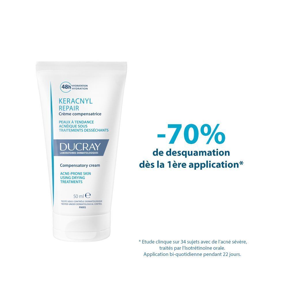 DUCRAY KERACNYL REPAIR crème avec effet crème. Texte en français. -70% desquamation.