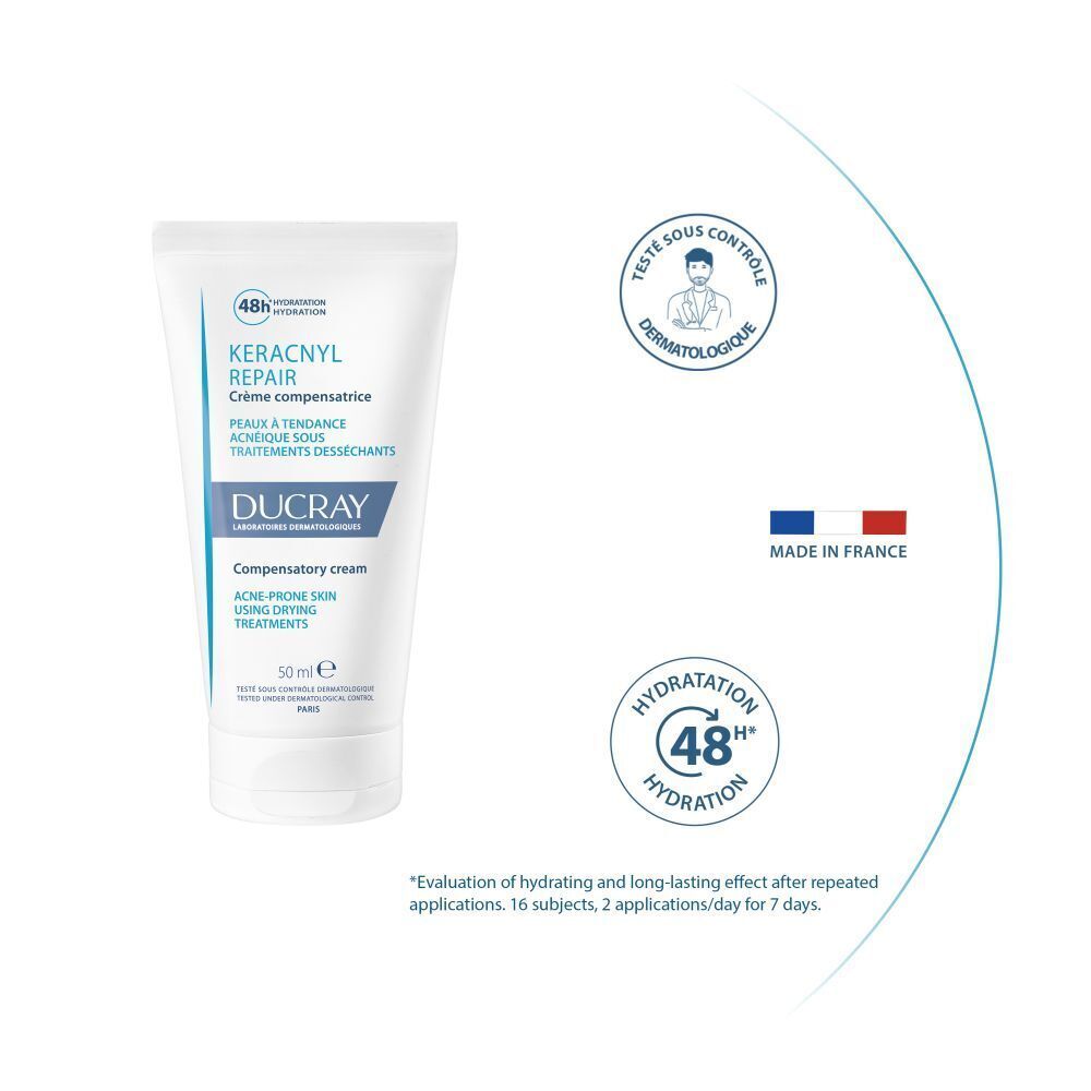 DUCRAY KERACNYL REPAIR crème. Texte en français. Testé dermatologiquement. Fabriqué en France.