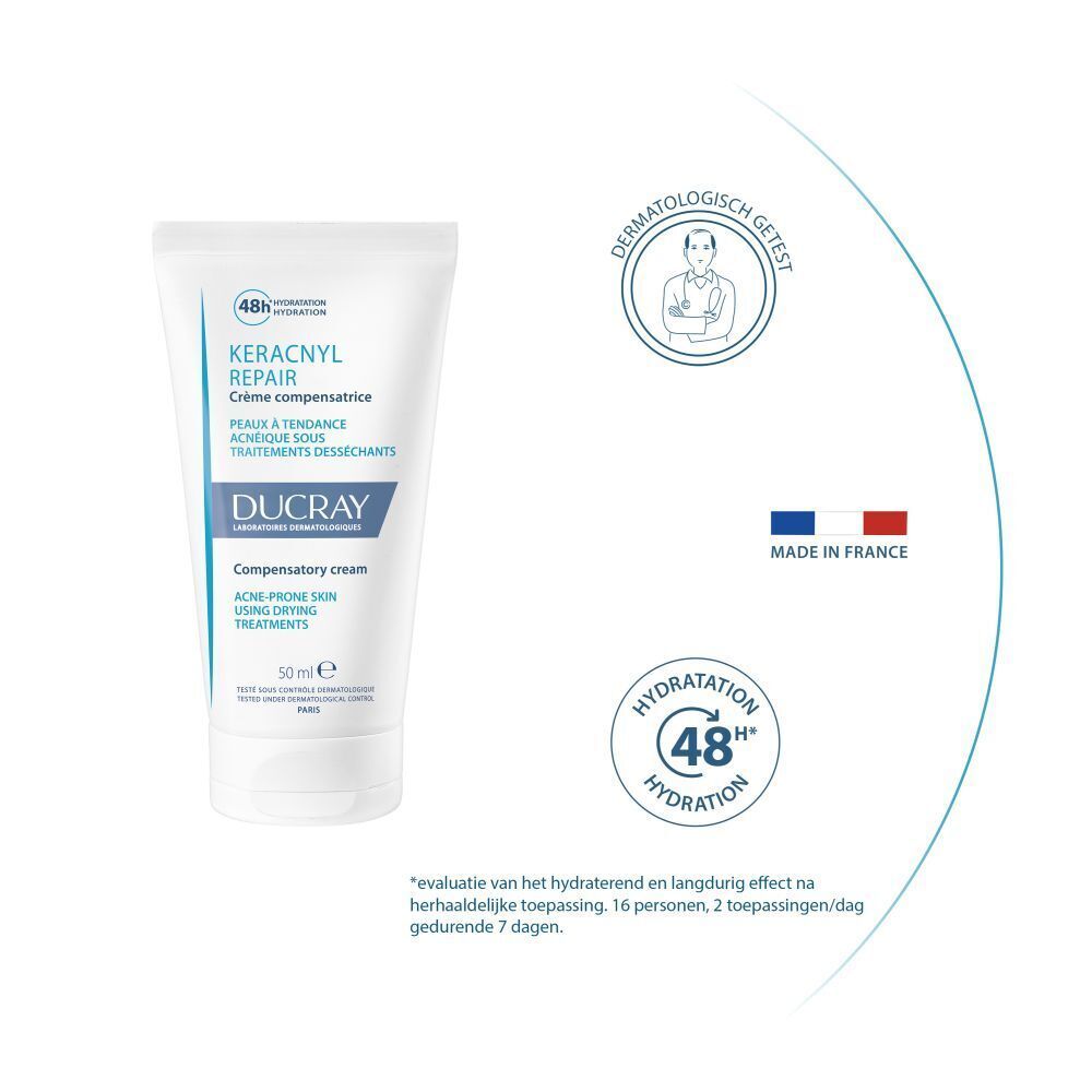 DUCRAY KERACNYL REPAIR crème. Nederlandse tekst. Dermatologisch getest. Made in France.