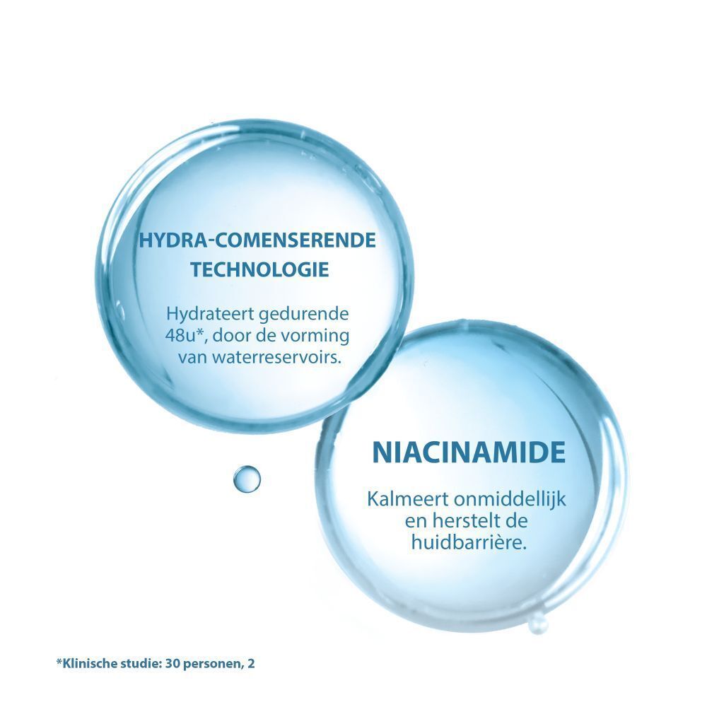 Afbeelding met twee blauwe cirkels. Hydra-compenserende technologie. Niacinamide.