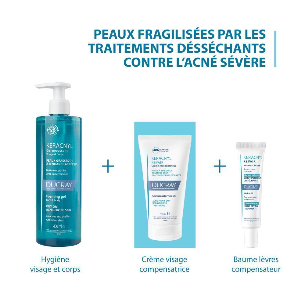 Illustration de trois produits: DUCRAY KERACNYL gel, crème et baume à lèvres. Texte.