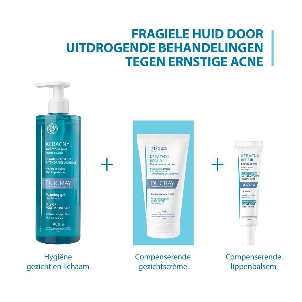 Illustratie van drie producten: DUCRAY KERACNYL gel, crème en lippenbalsem. Tekst.