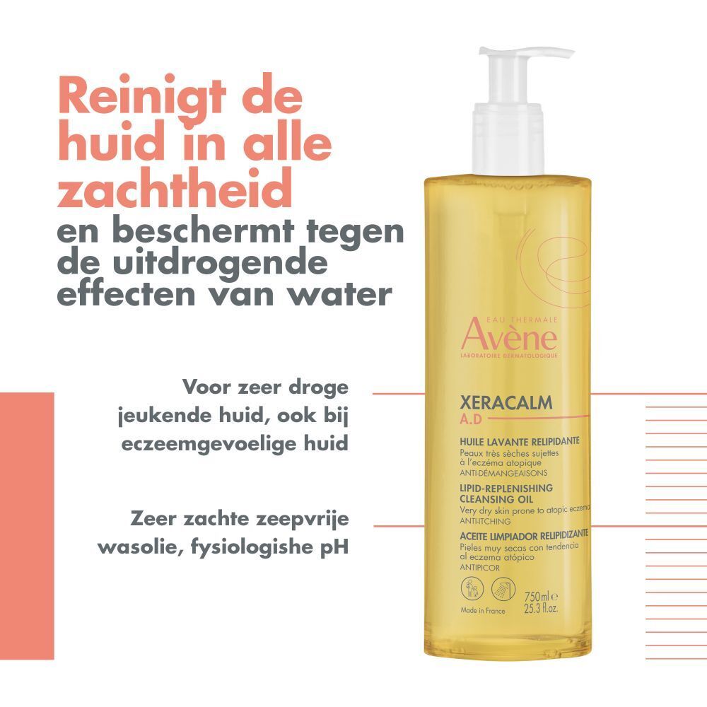 Fles met pomp. Opschrift: Avène, XeraCalm A.D. Huile lavante relipidante.