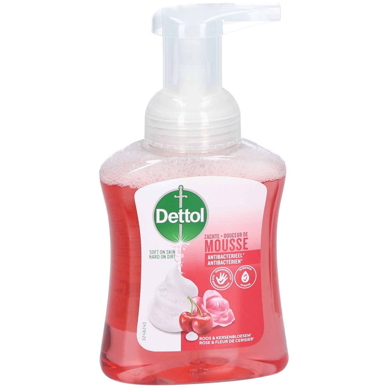 Antibacteriële handzeep met dispenser. Roze vloeistof, wit schuim, kers en bloem afgebeeld. Dettol-logo.